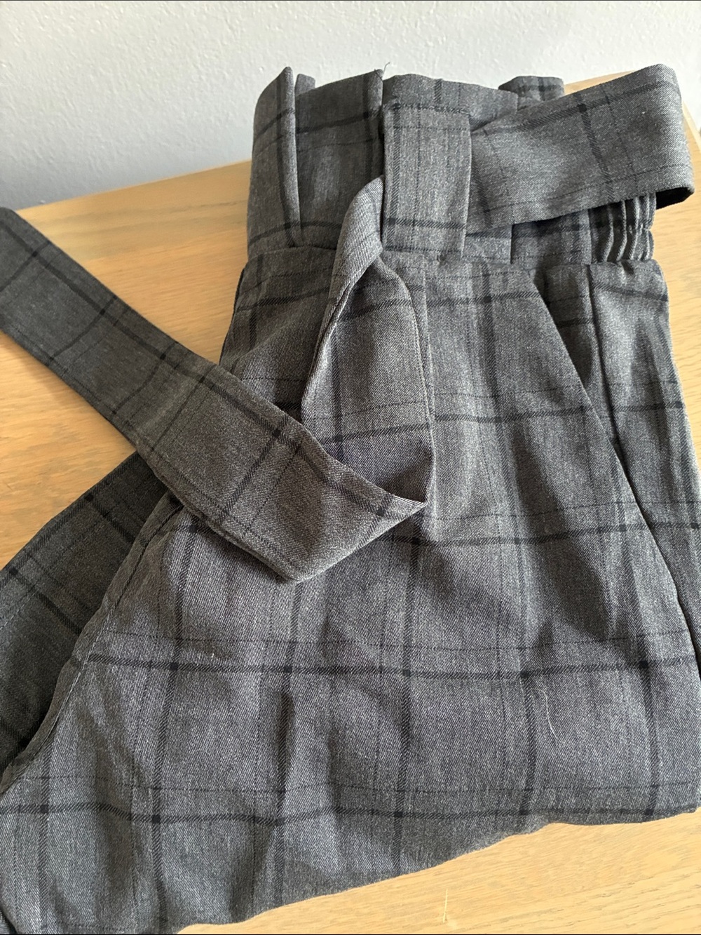 High-Waist Gray Plaid Boot Cut Pants with Belt